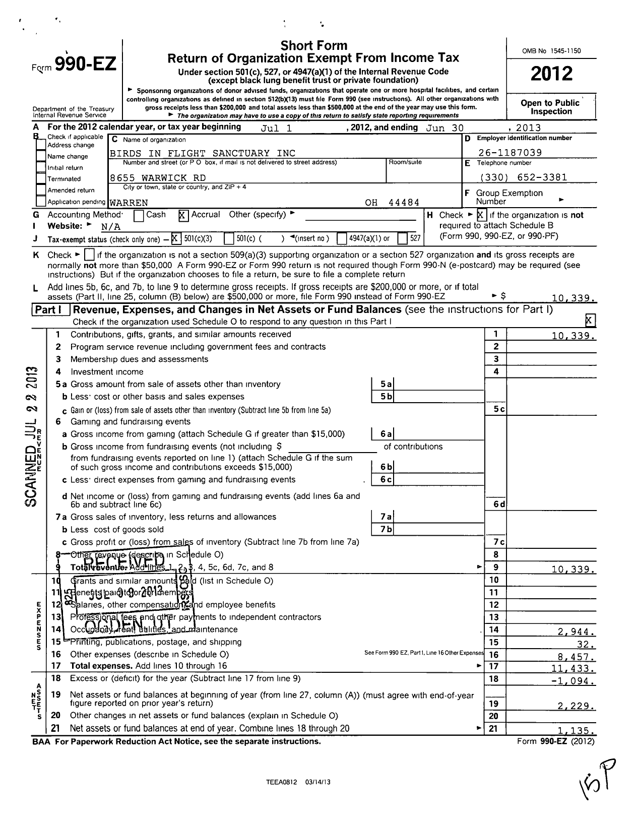 Image of first page of 2012 Form 990EZ for Birds in Flight Sanctuary