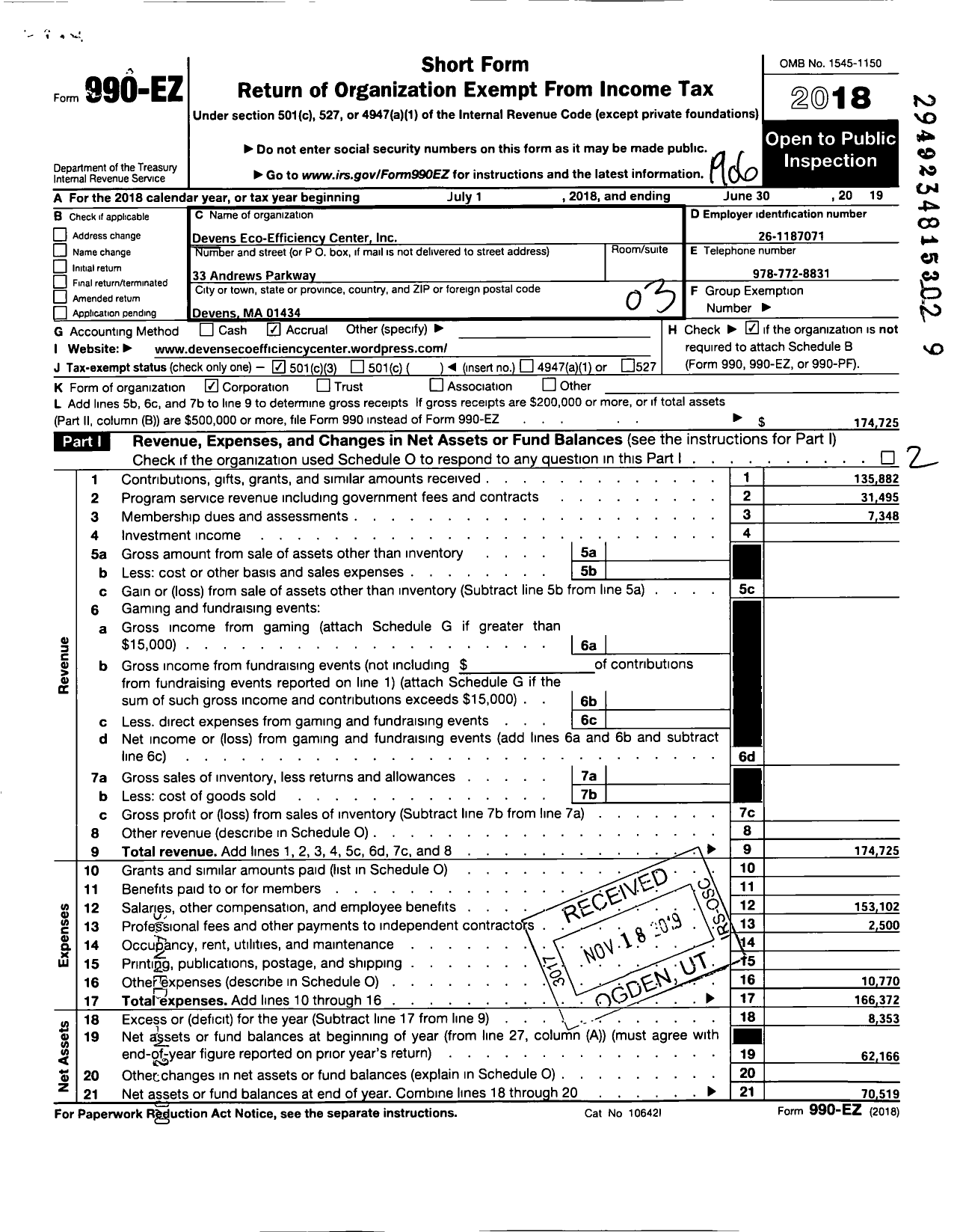 Image of first page of 2018 Form 990EZ for Devens Eco-Efficiency Center