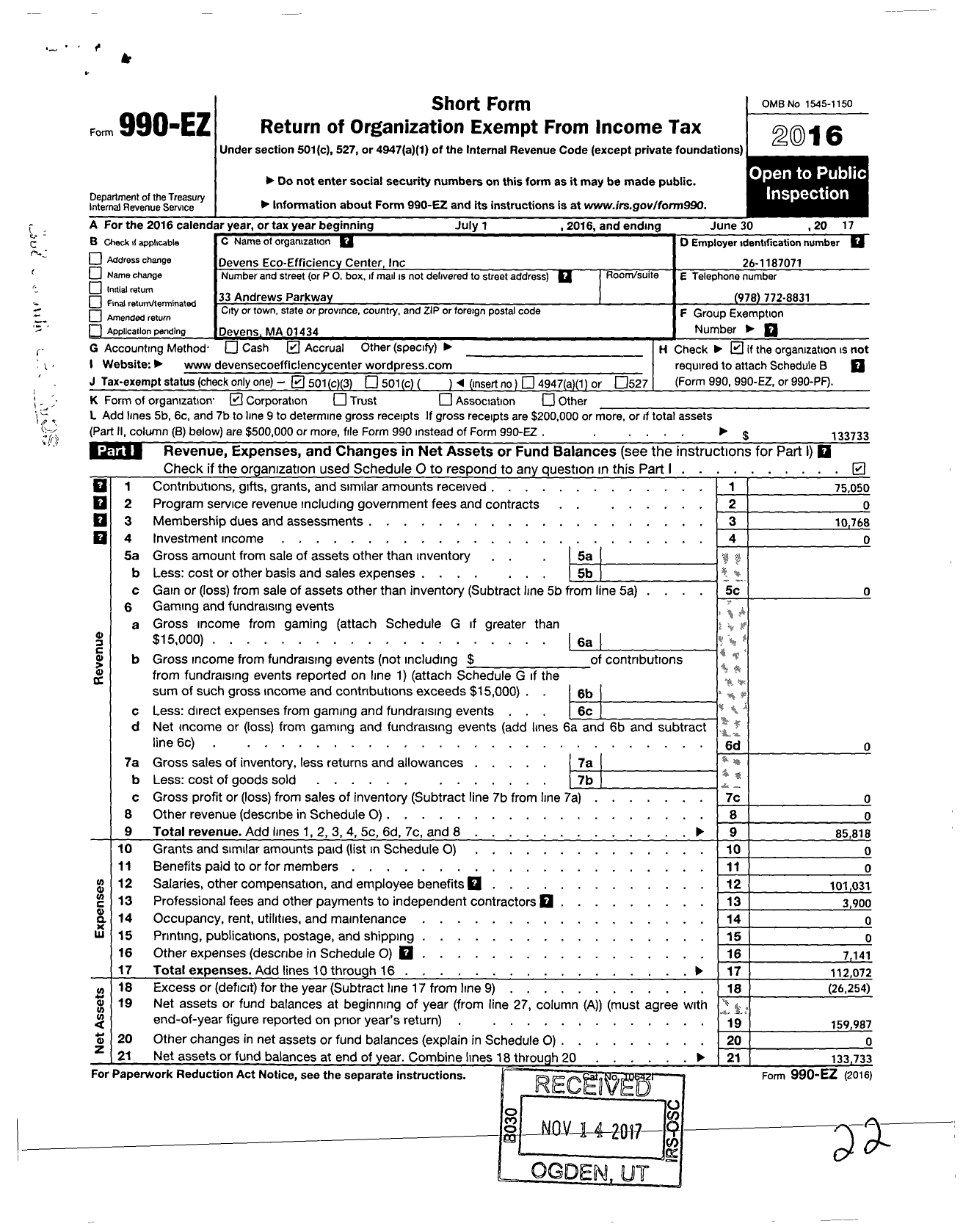 Image of first page of 2016 Form 990EZ for Devens Eco-Efficiency Center