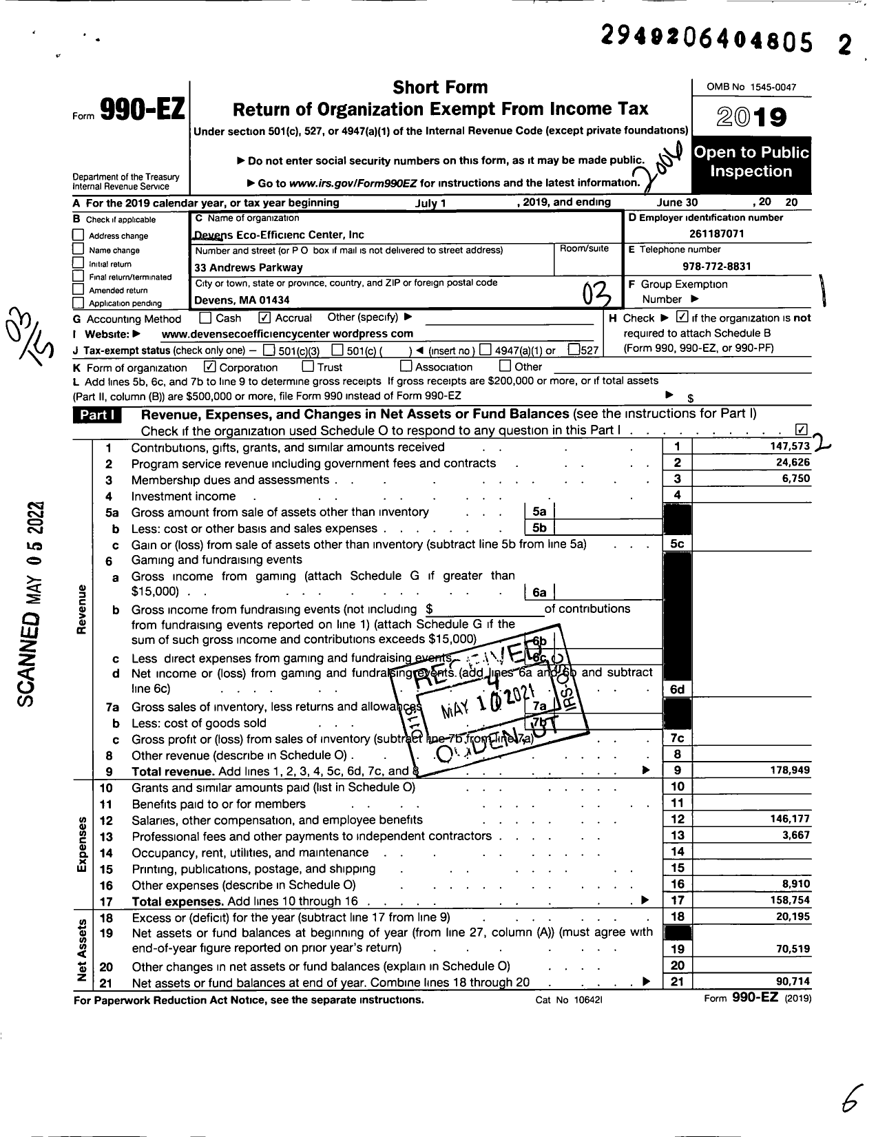 Image of first page of 2019 Form 990EZ for Devens Eco-Efficiency Center