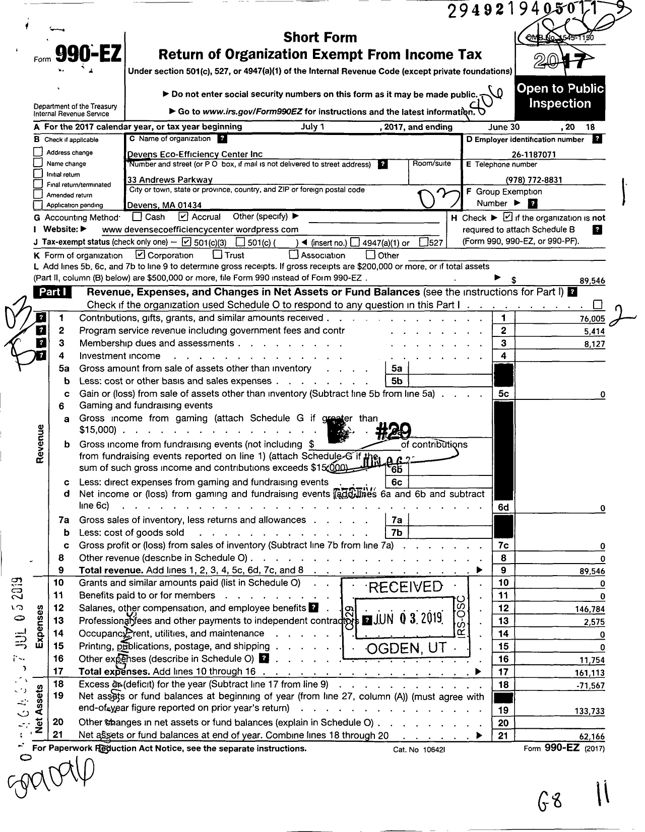 Image of first page of 2017 Form 990EZ for Devens Eco-Efficiency Center