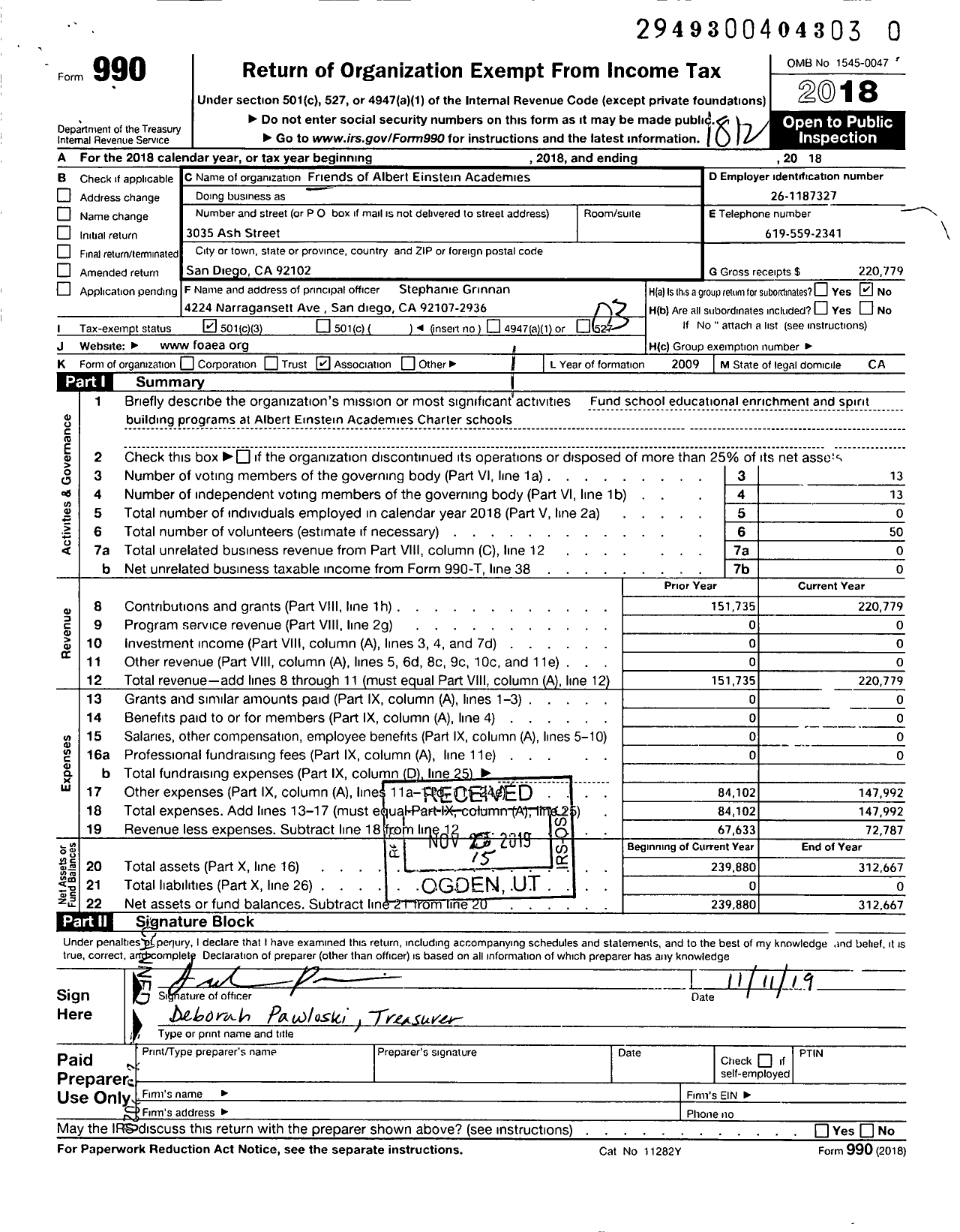 Image of first page of 2018 Form 990 for Friends of Albert Einstein Acadamies