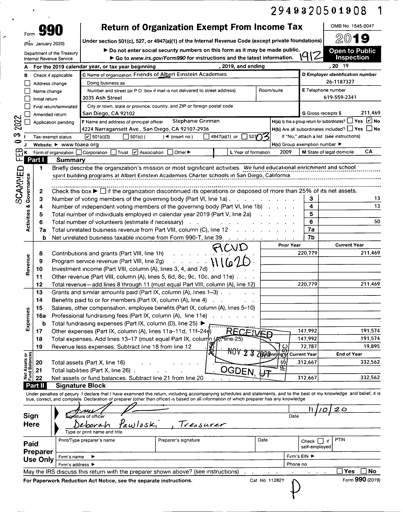 Image of first page of 2019 Form 990 for Friends of Albert Einstein Acadamies