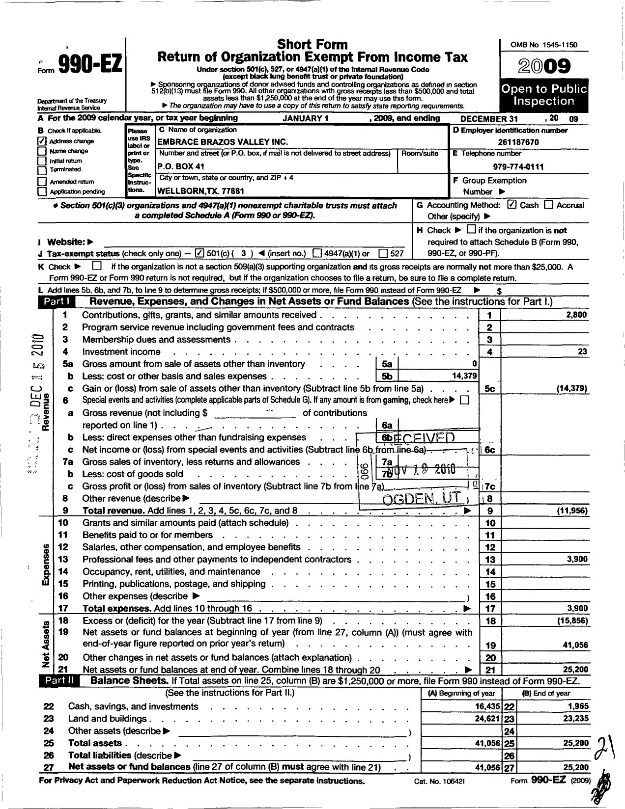 Image of first page of 2009 Form 990EZ for Embrace Brazos Valley