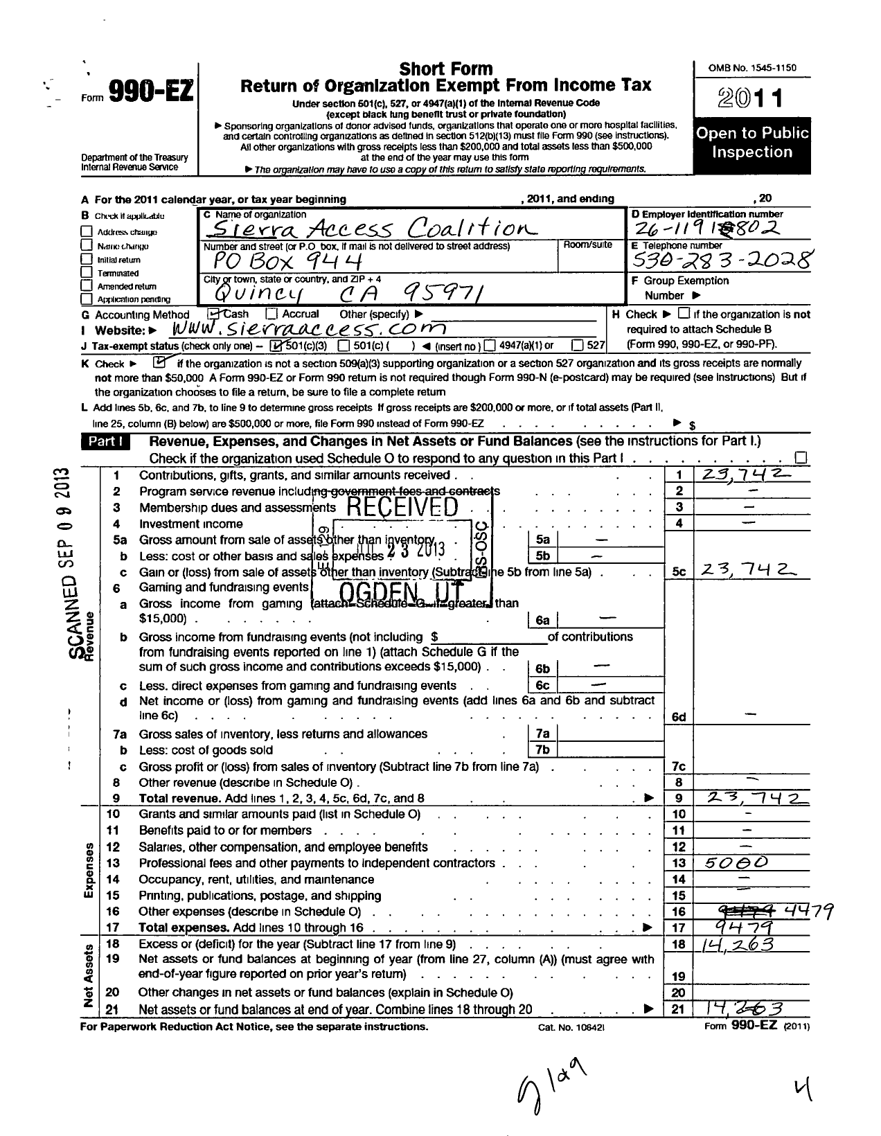 Image of first page of 2011 Form 990EZ for Sierra Access Coalition