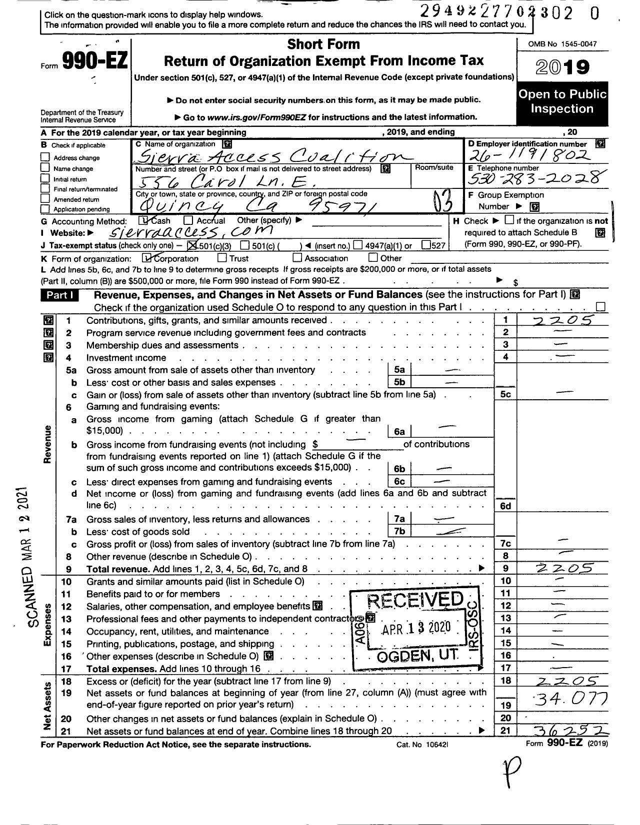 Image of first page of 2019 Form 990EZ for Sierra Access Coalition