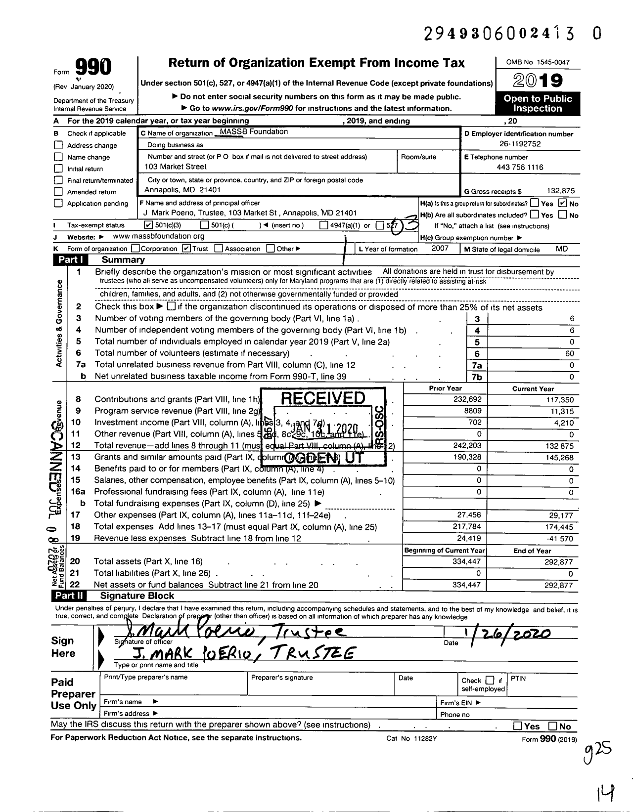 Image of first page of 2019 Form 990 for Massb Foundation