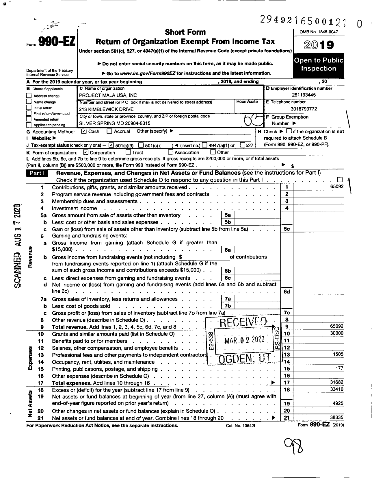 Image of first page of 2019 Form 990EZ for Project Mala USA