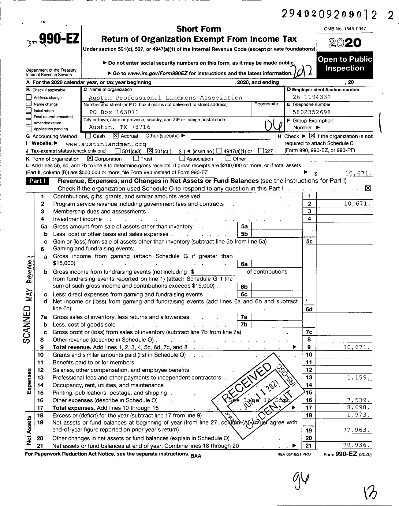 Image of first page of 2020 Form 990EO for Austin Professional Landmens Association