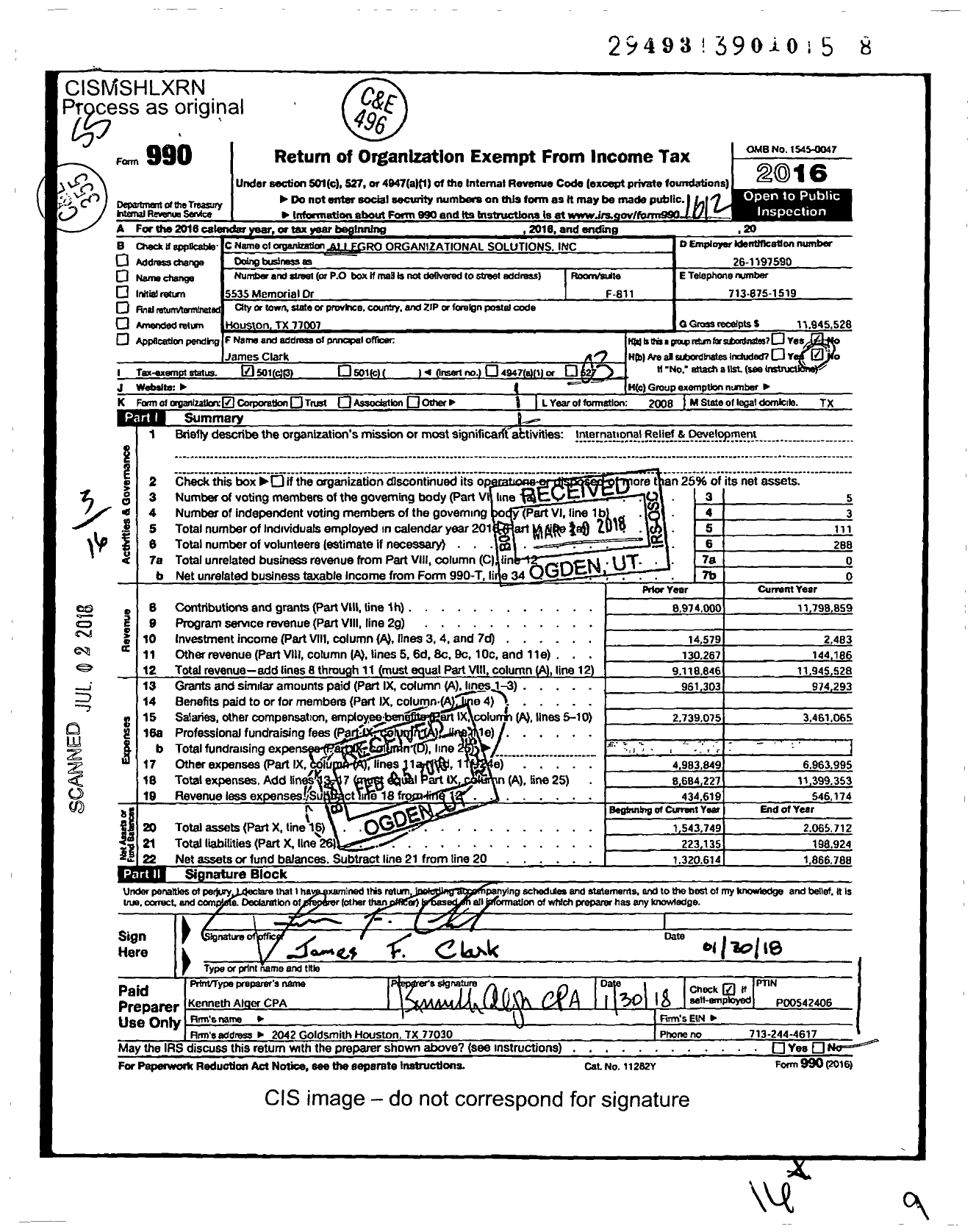 Image of first page of 2016 Form 990 for Allegro Organizational Solutions