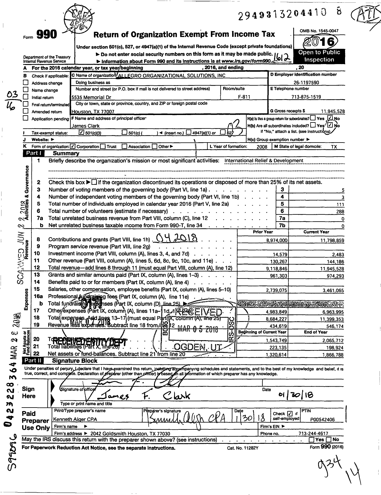 Image of first page of 2016 Form 990 for Allegro Organizational Solutions
