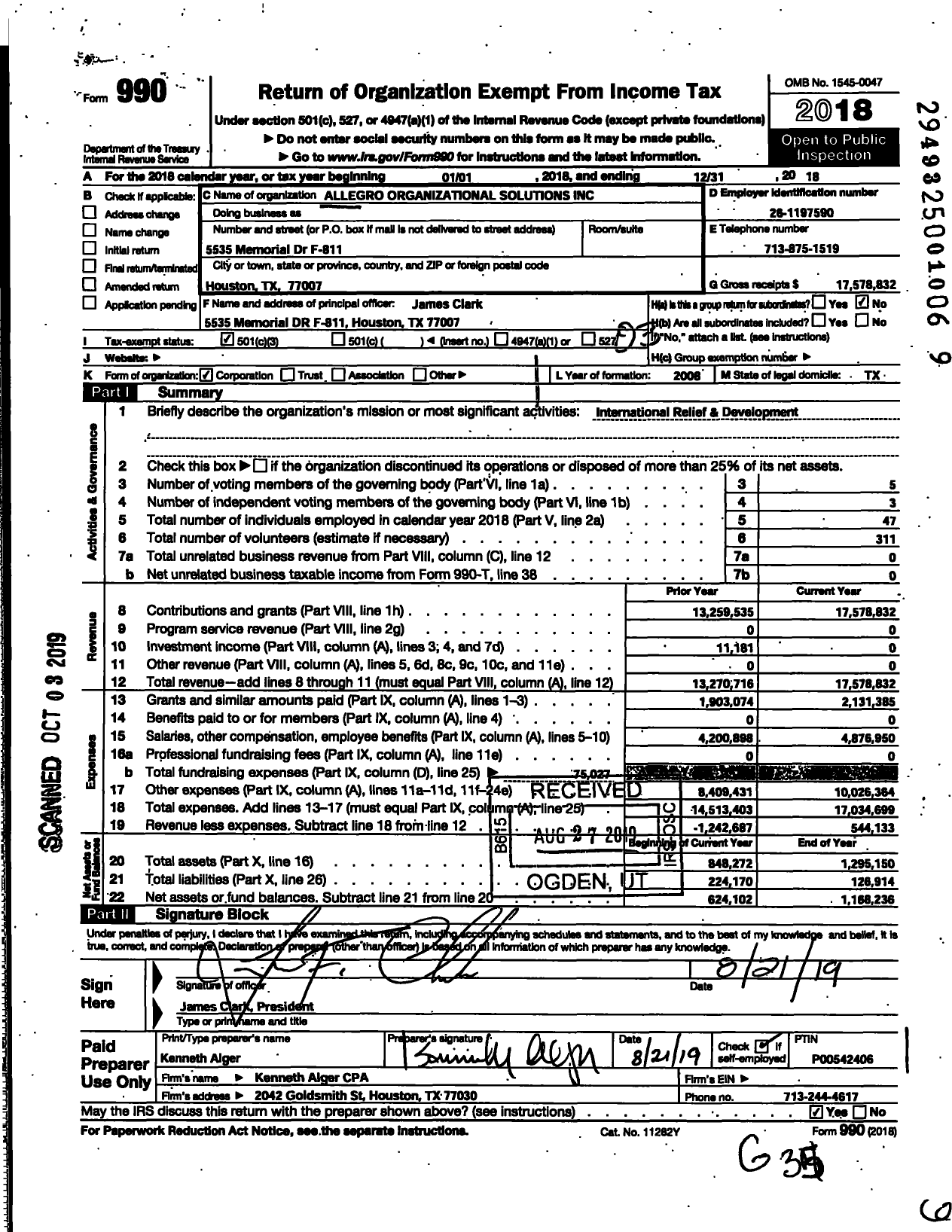 Image of first page of 2018 Form 990 for Allegro Organizational Solutions