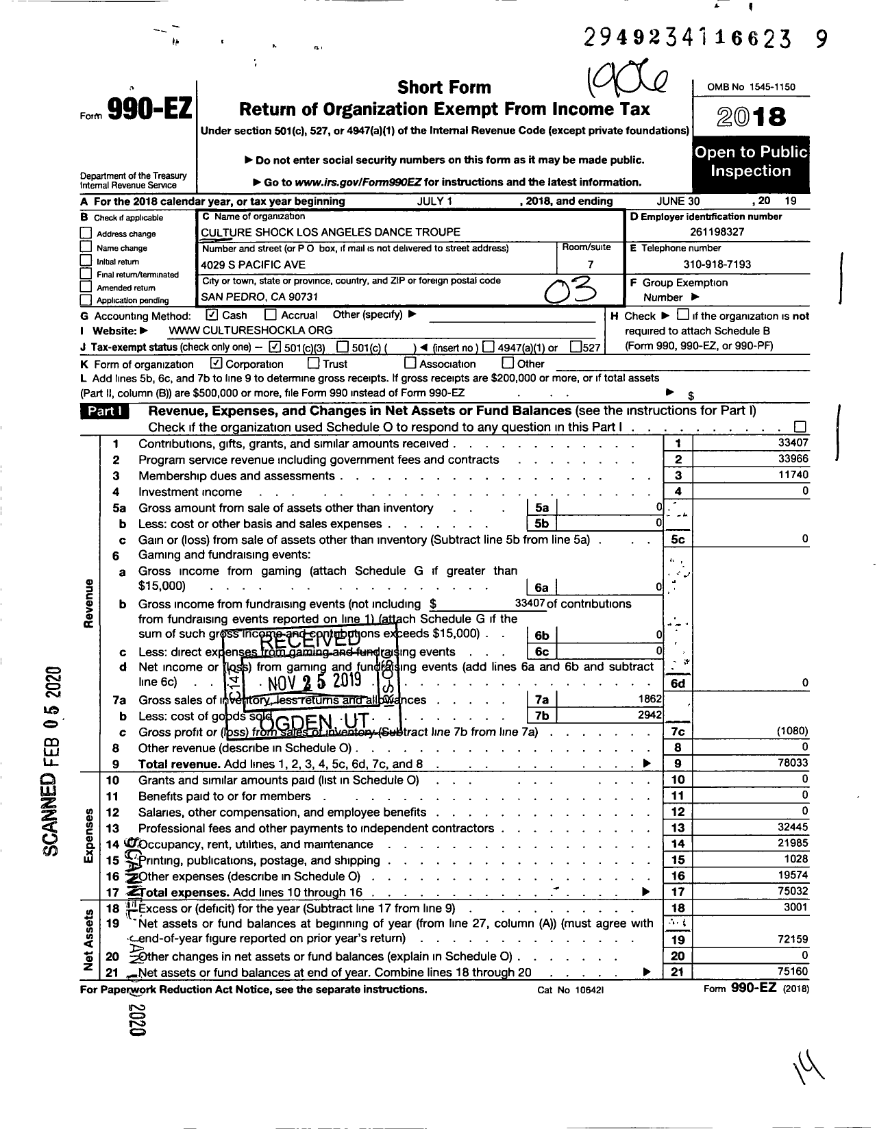 Image of first page of 2018 Form 990EZ for Culture Shock Los Angeles