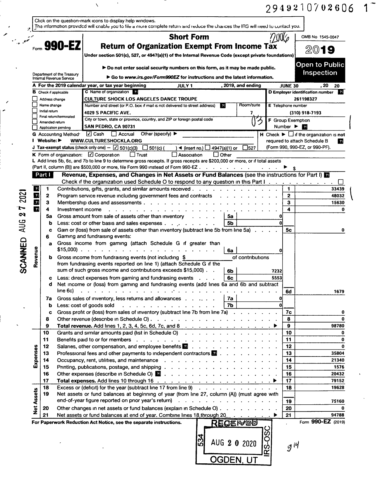 Image of first page of 2019 Form 990EZ for Culture Shock Los Angeles