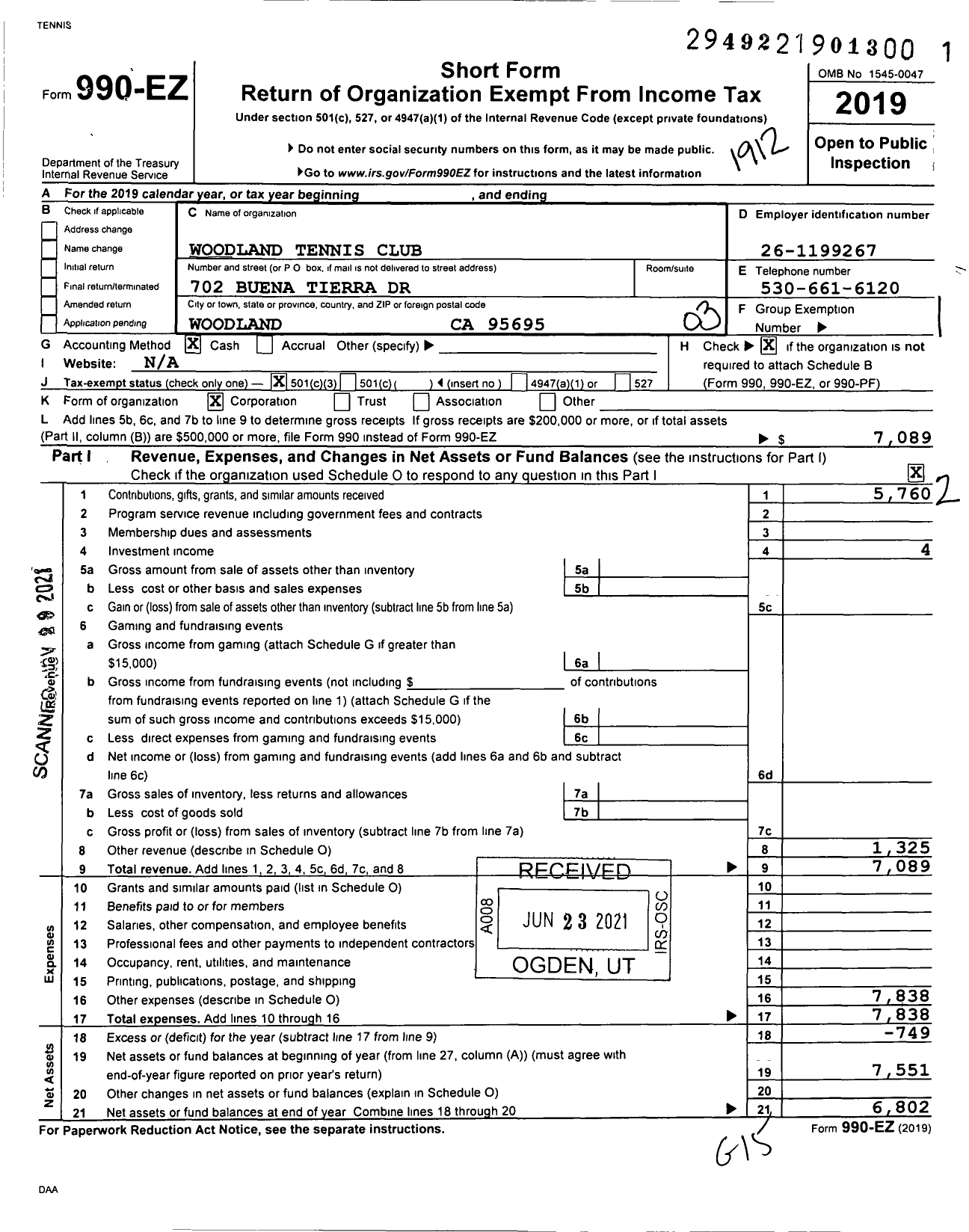 Image of first page of 2019 Form 990EZ for Woodland Tennis Club