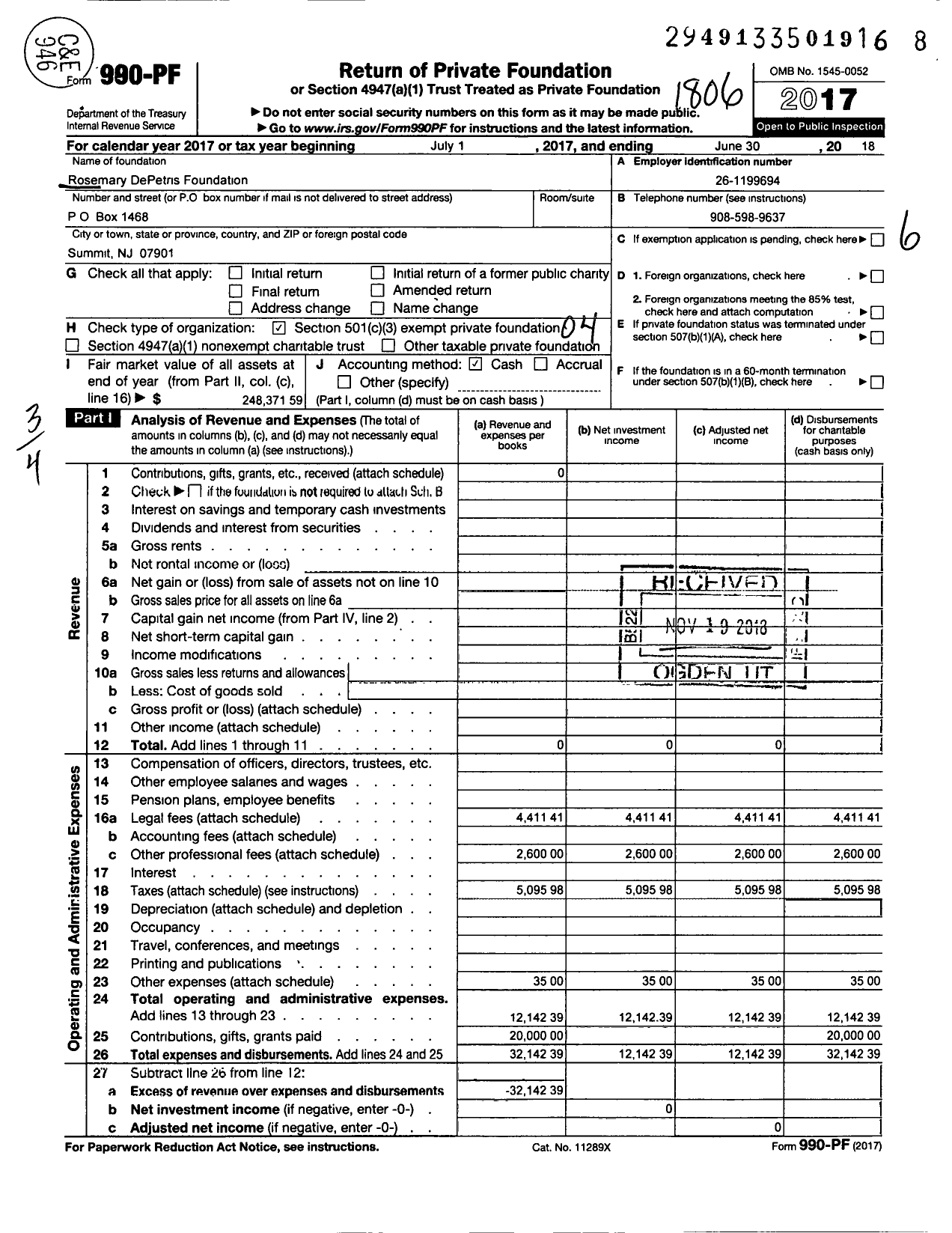 Image of first page of 2017 Form 990PF for The Rosemary DePetris Foundation