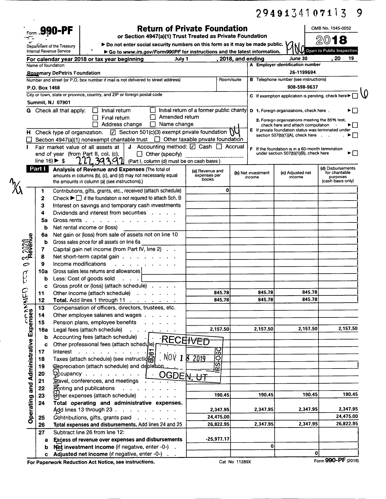 Image of first page of 2018 Form 990PF for The Rosemary DePetris Foundation