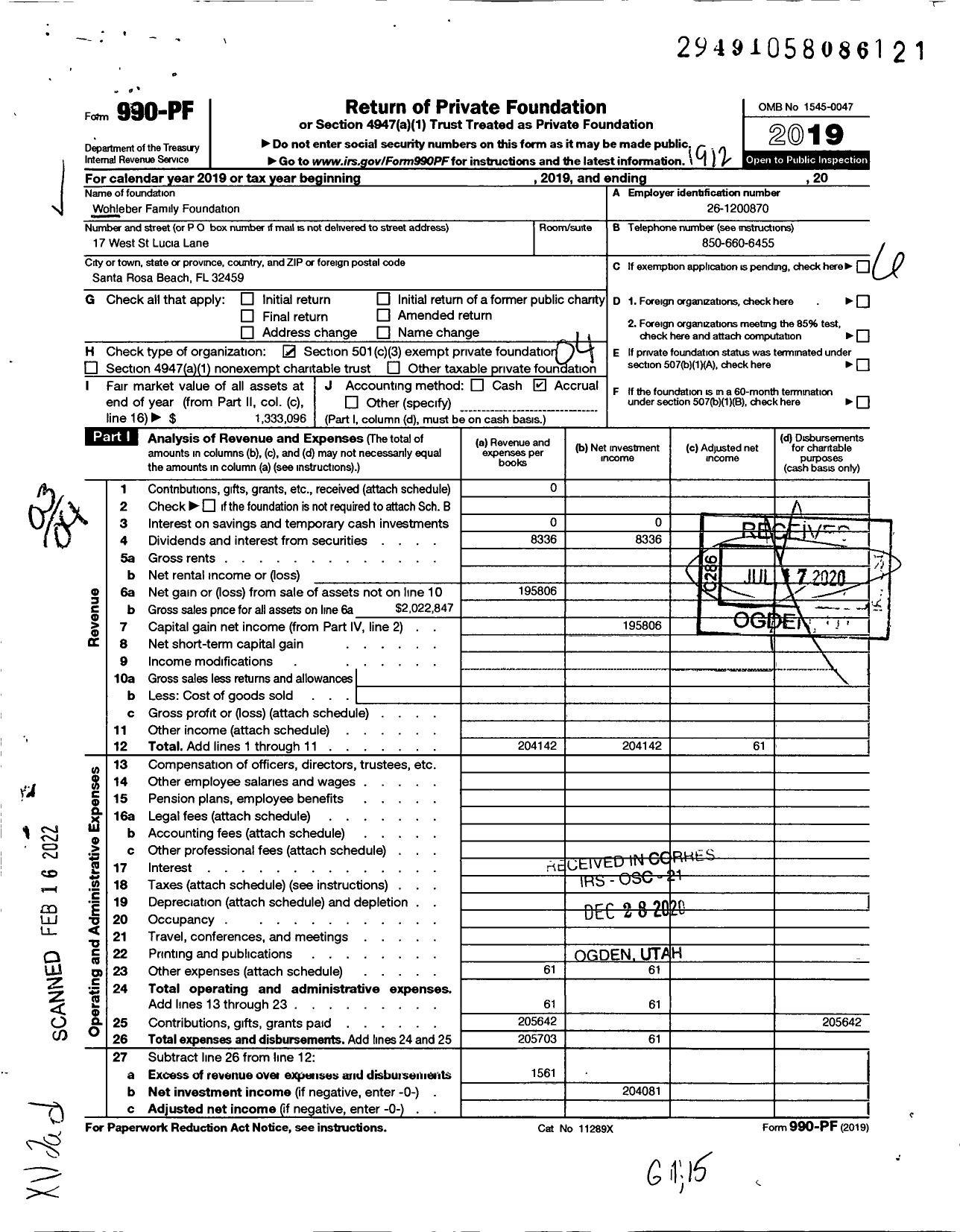 Image of first page of 2019 Form 990PF for Wohleber Family Foundation