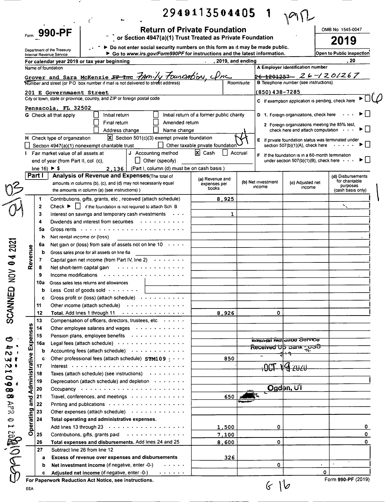 Image of first page of 2019 Form 990PF for Grover and Sara McKenzie Family Foundation