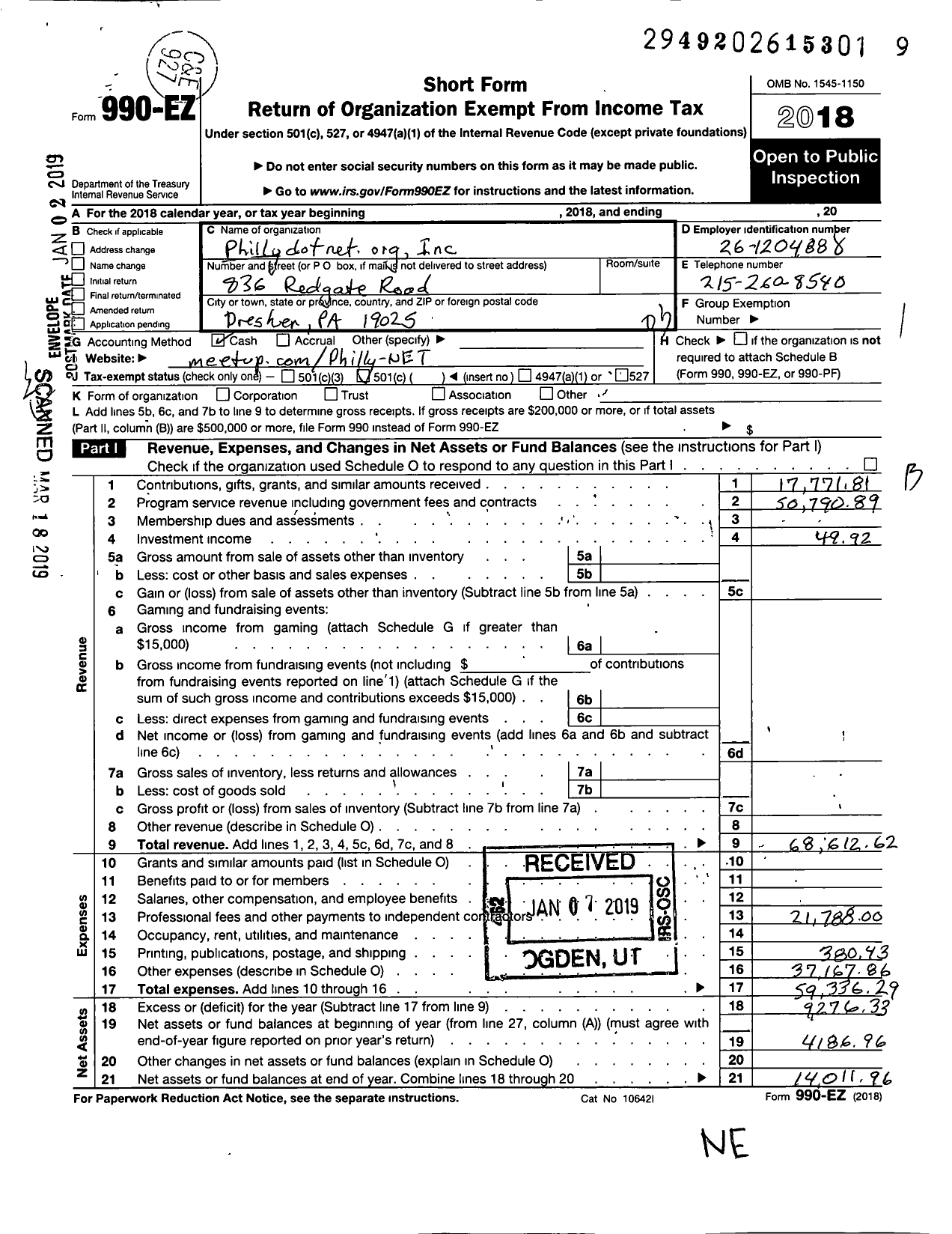Image of first page of 2018 Form 990EO for Phillydotnet-Org
