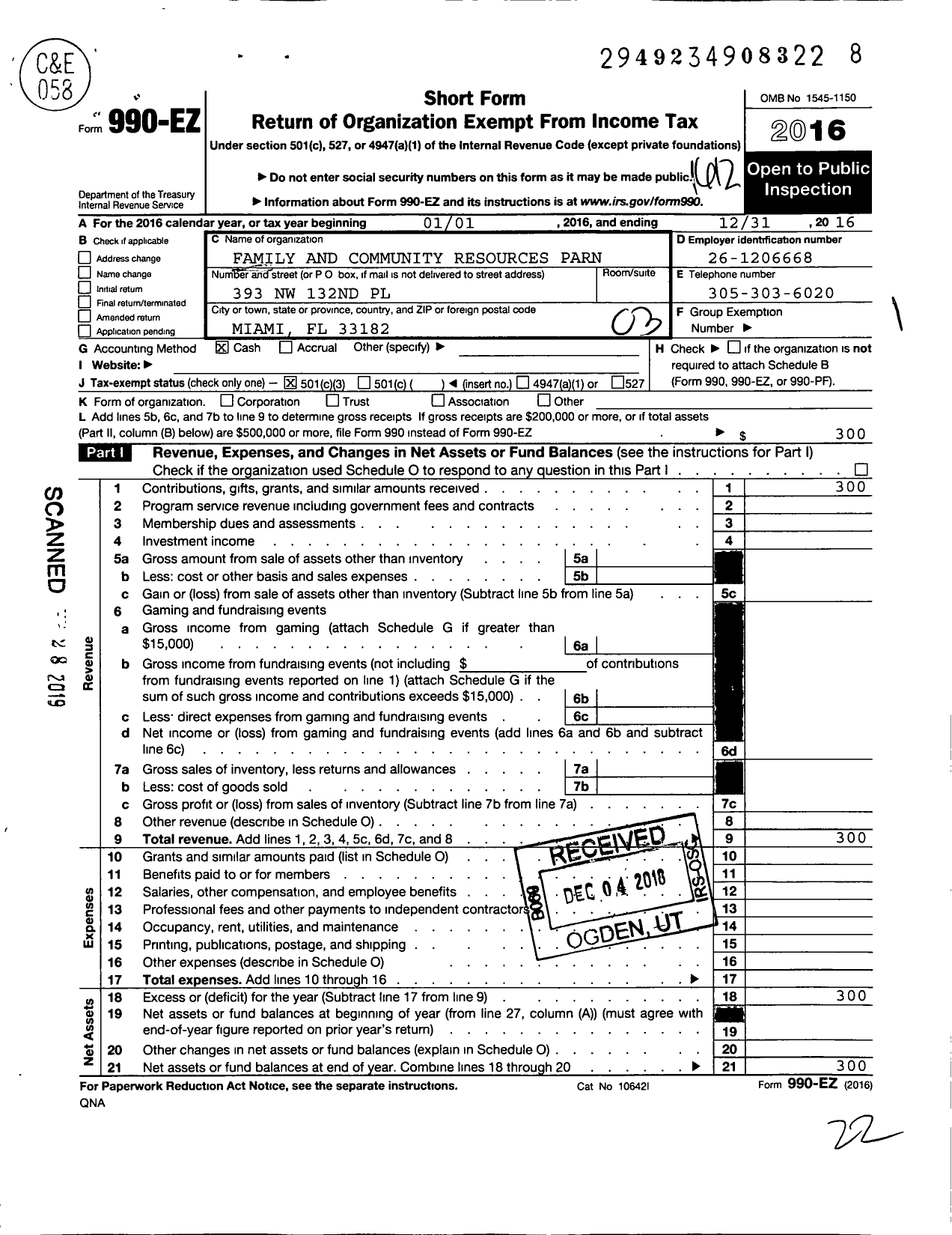 Image of first page of 2016 Form 990EZ for Family and Community Resources Parn