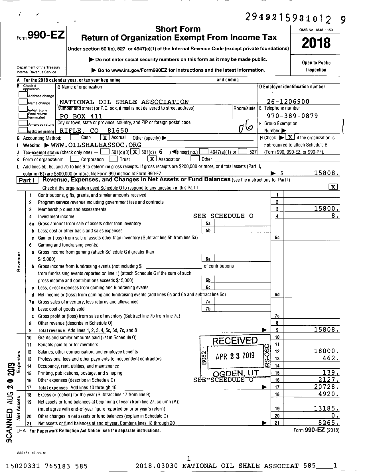 Image of first page of 2018 Form 990EO for National Oil Shale Association