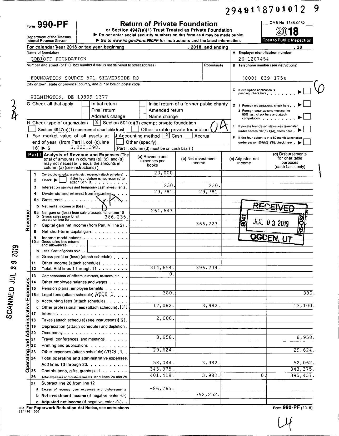 Image of first page of 2018 Form 990PF for Gobioff Foundation