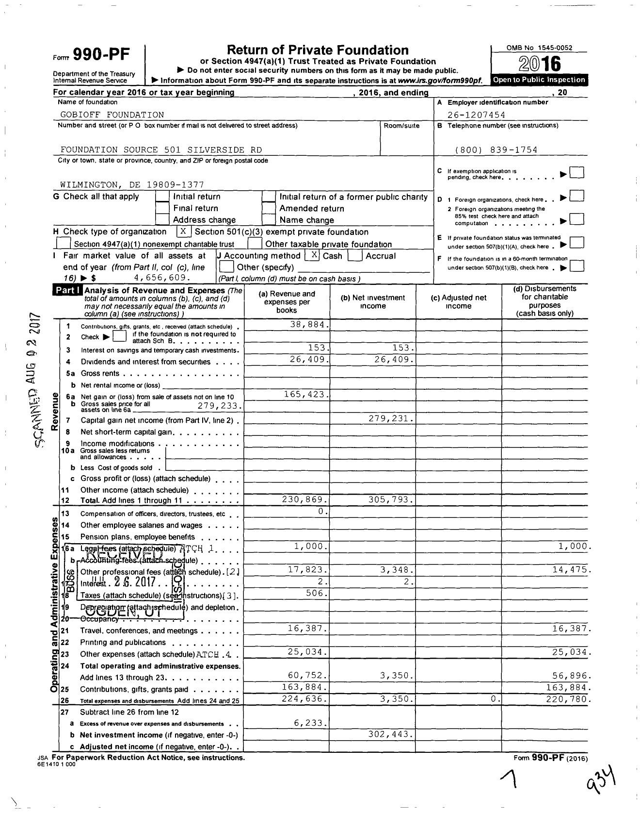 Image of first page of 2016 Form 990PF for Gobioff Foundation