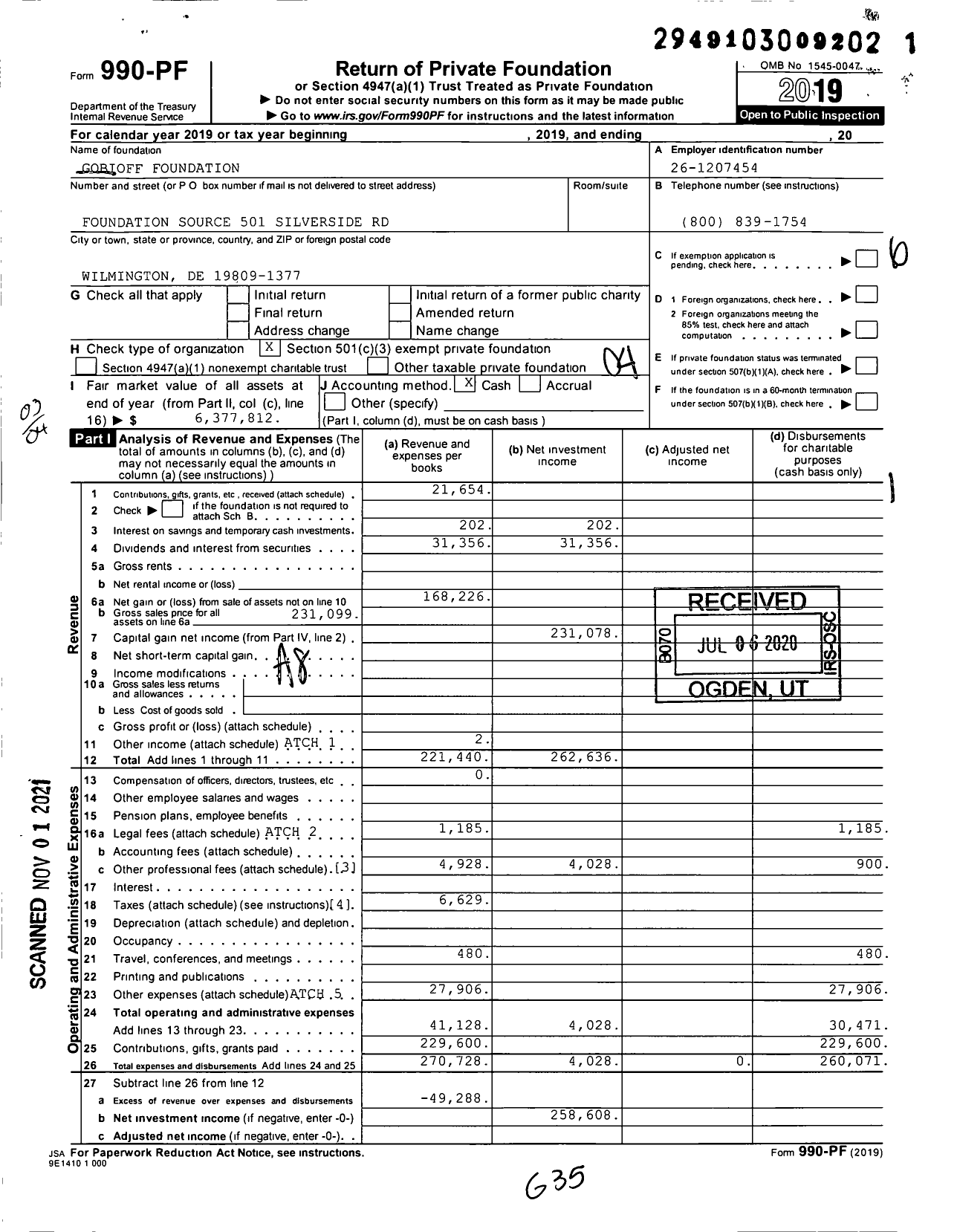 Image of first page of 2019 Form 990PF for Gobioff Foundation