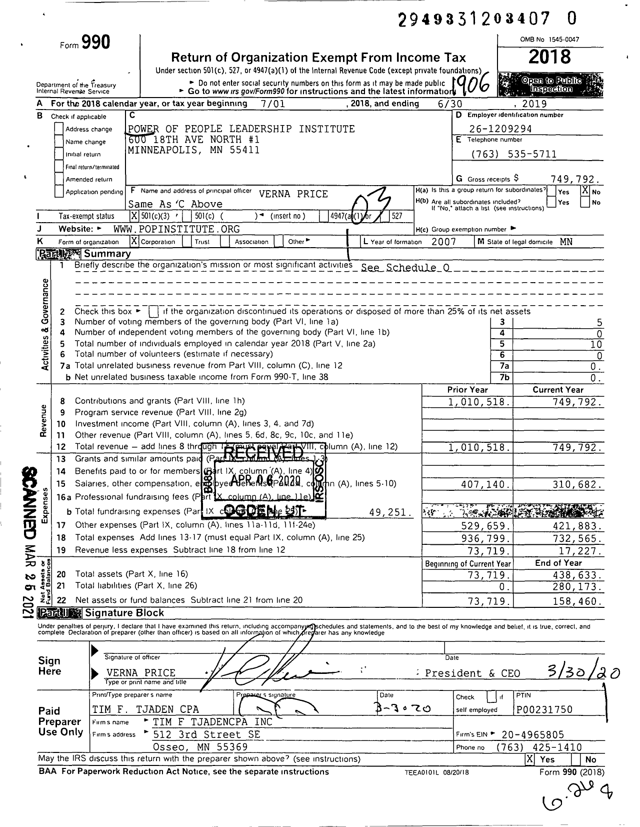 Image of first page of 2018 Form 990 for Power of People Leadership Institute