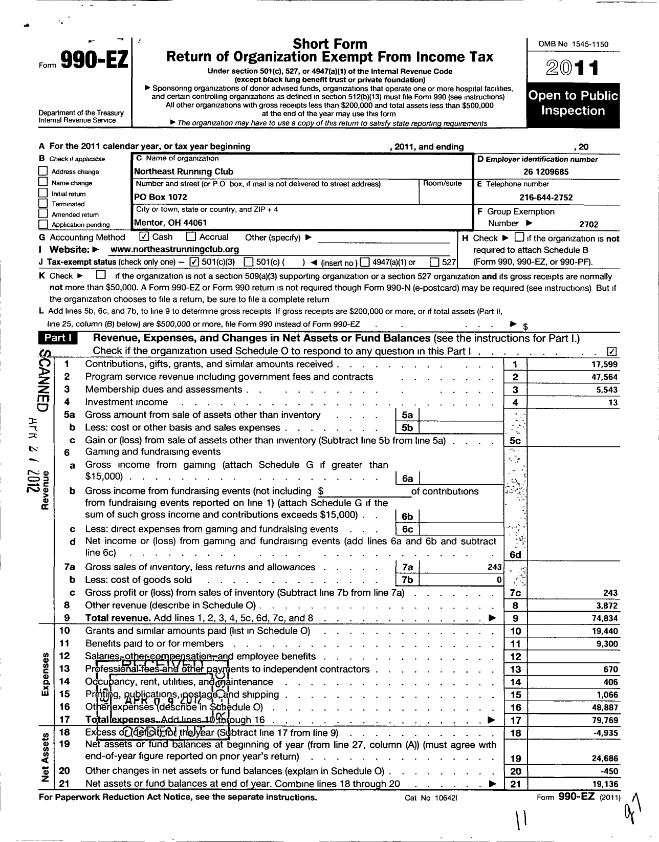 Image of first page of 2011 Form 990EZ for Road Runners Club of America