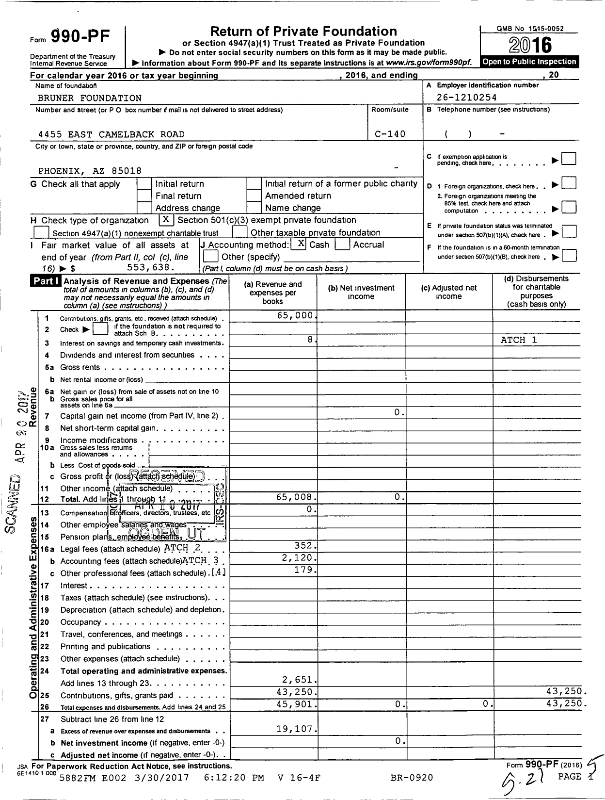 Image of first page of 2016 Form 990PF for Bruner Foundation