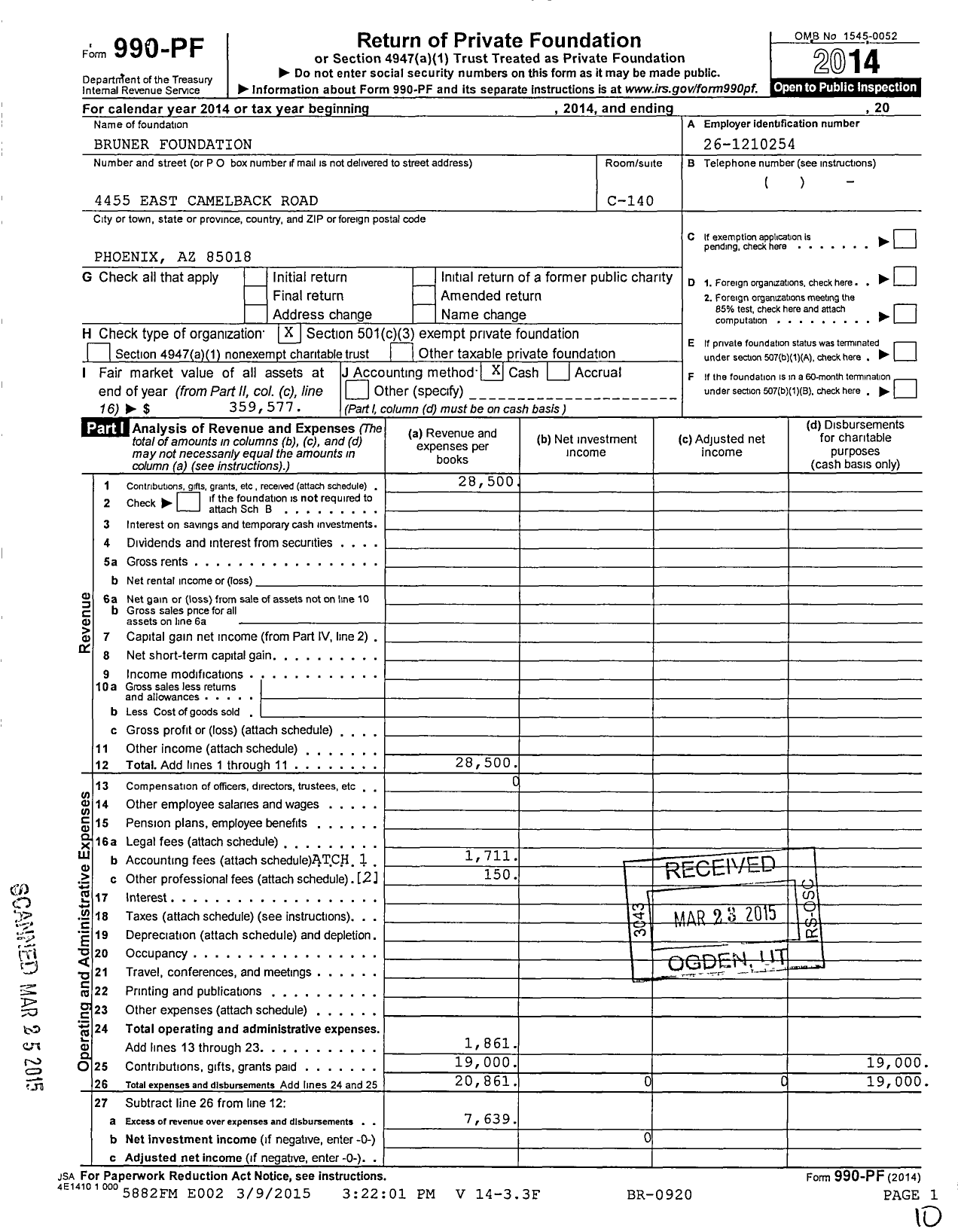 Image of first page of 2014 Form 990PF for Bruner Foundation