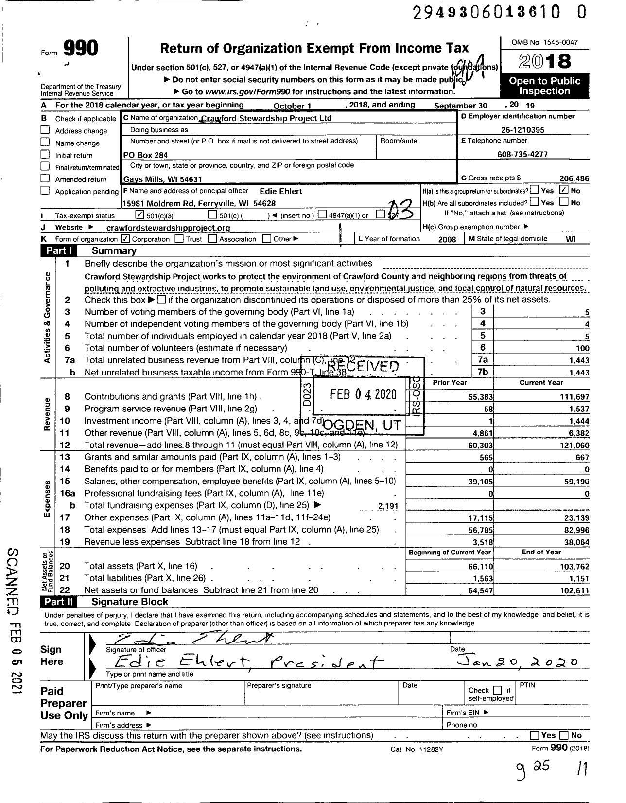 Image of first page of 2018 Form 990 for Crawford Stewardship Project