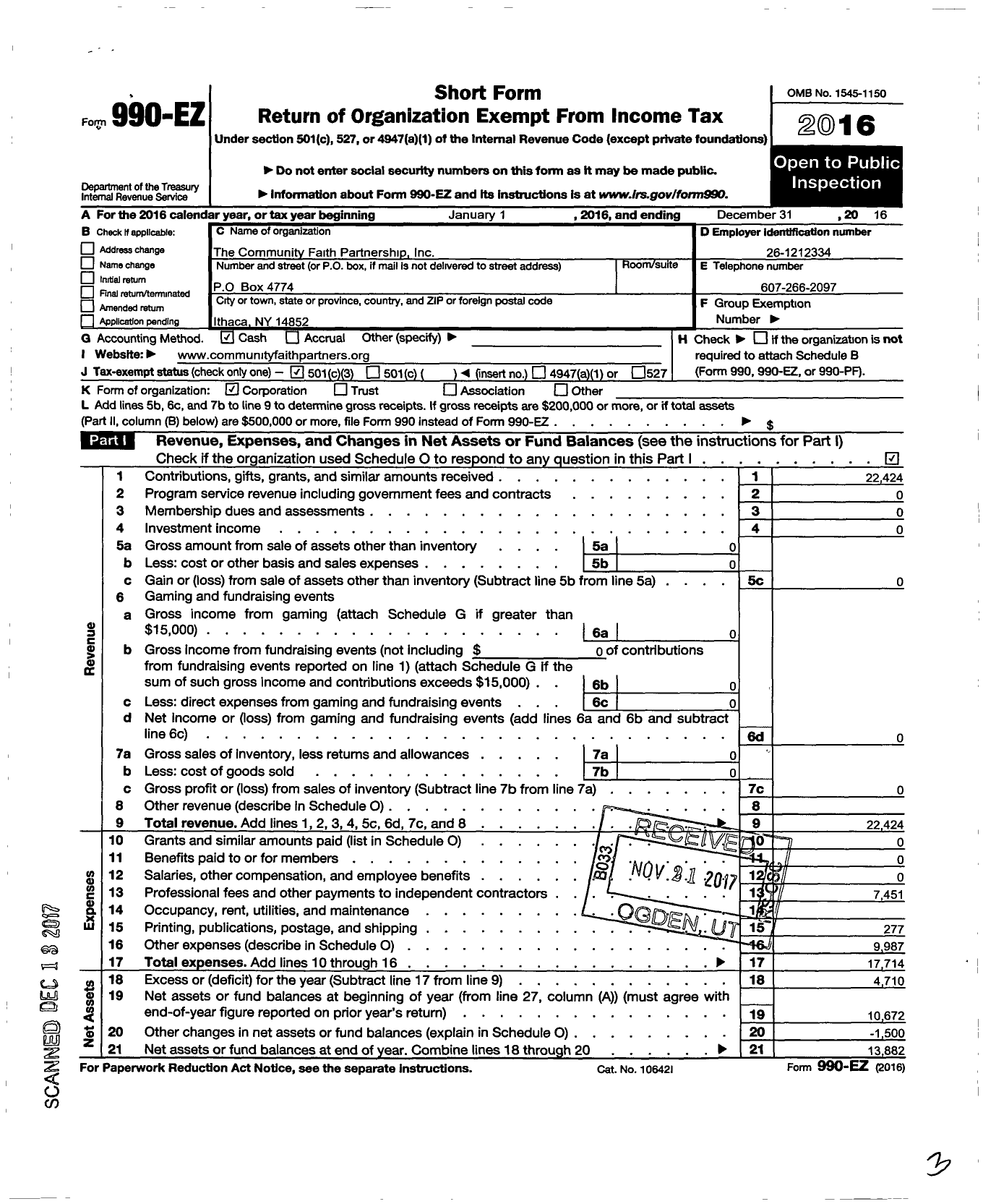 Image of first page of 2016 Form 990EZ for Community Faith Partnership