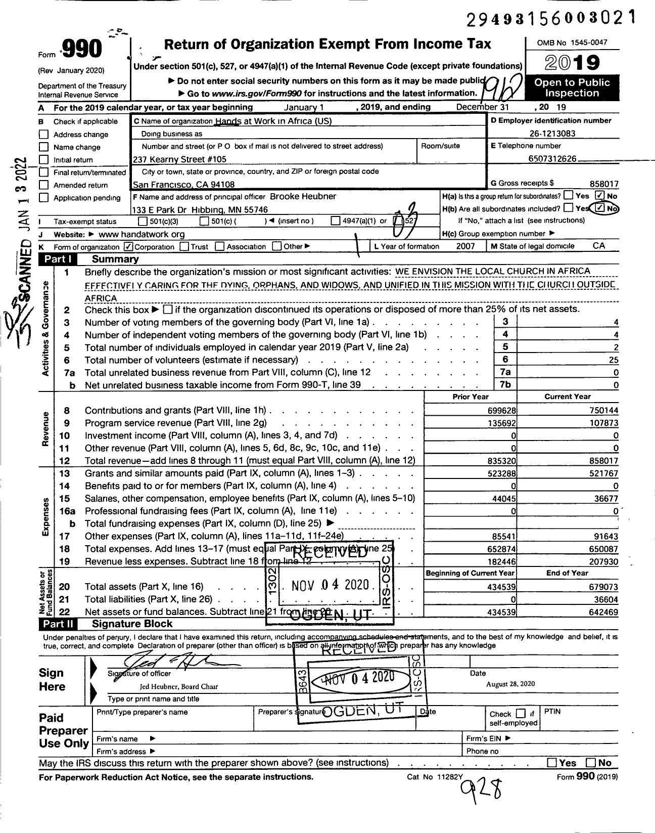 Image of first page of 2019 Form 990 for Hands at Work in Africa USA