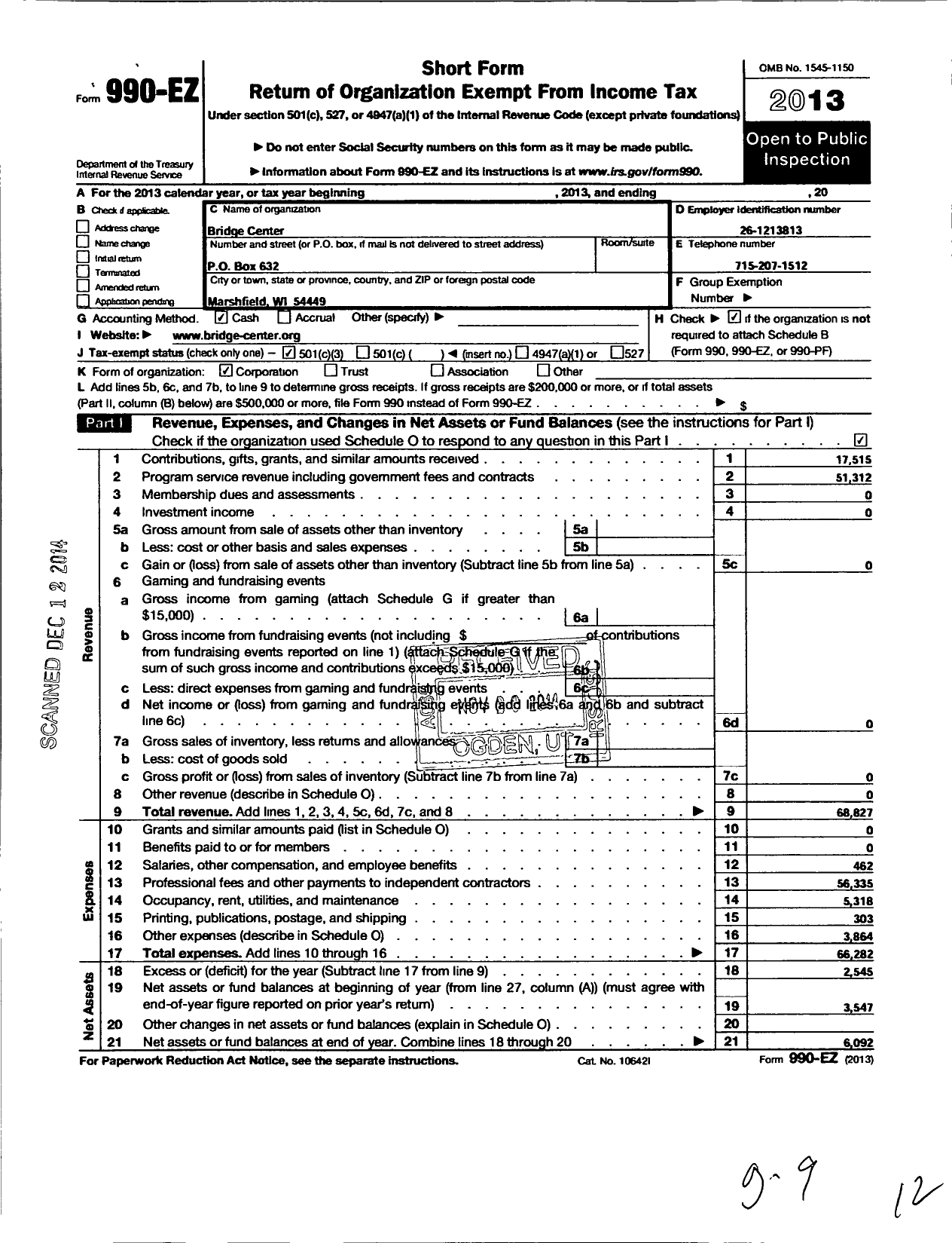 Image of first page of 2013 Form 990EZ for Bridge Center