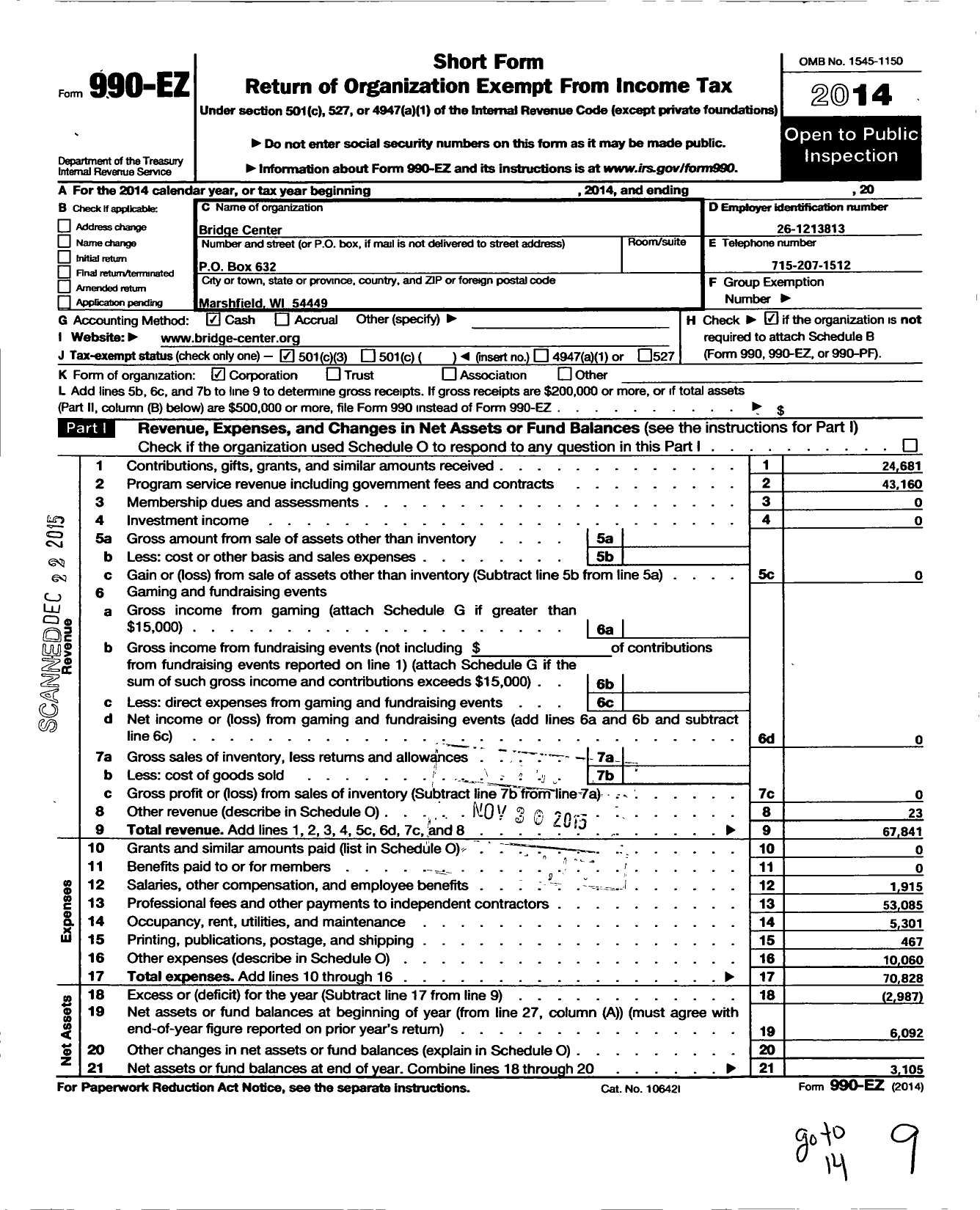 Image of first page of 2014 Form 990EZ for Bridge Center