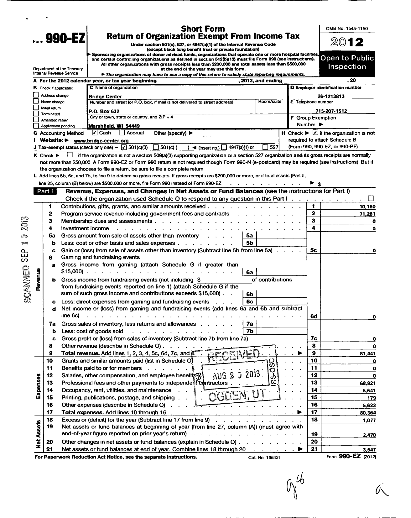 Image of first page of 2012 Form 990EZ for Bridge Center