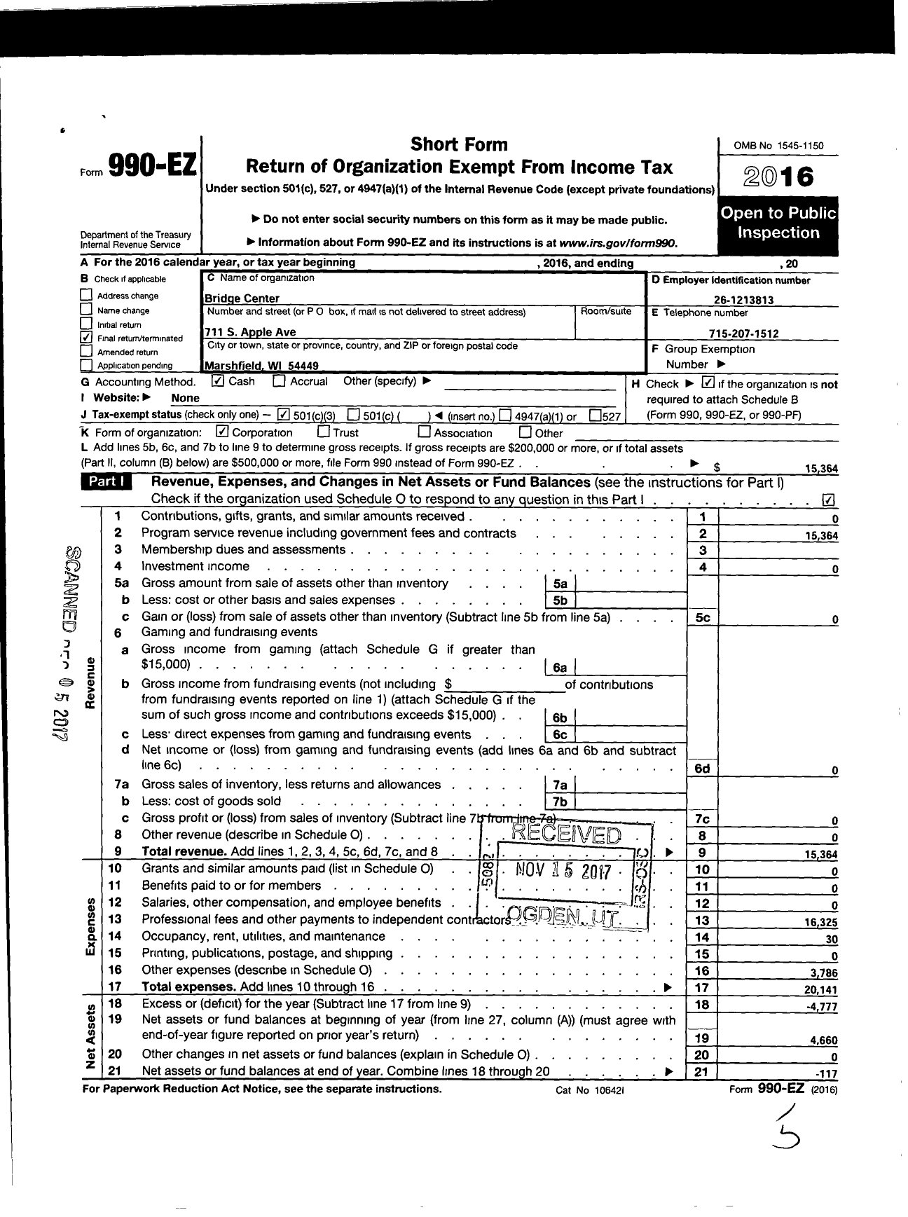 Image of first page of 2016 Form 990EZ for Bridge Center