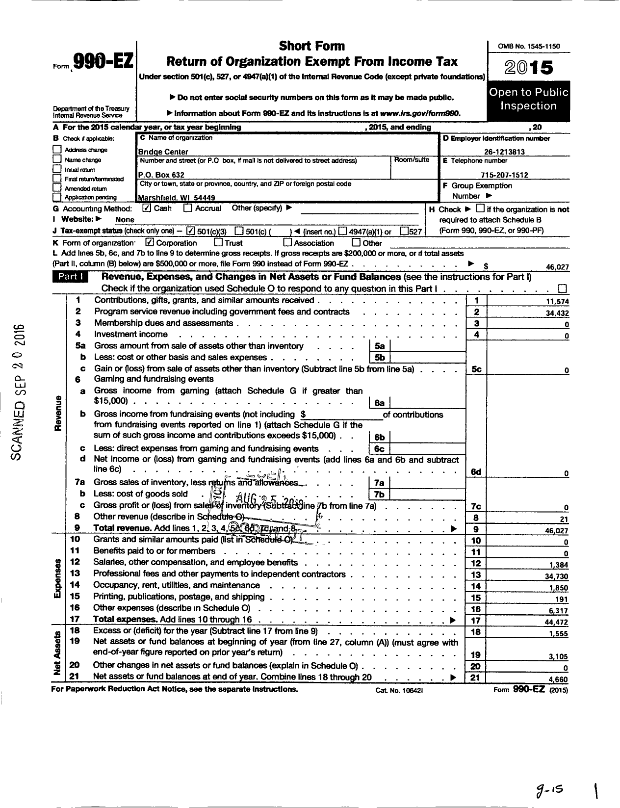 Image of first page of 2015 Form 990EZ for Bridge Center