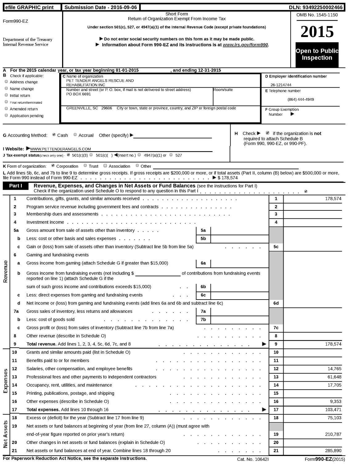 Image of first page of 2015 Form 990EZ for Pet Tender Angels Rescue and Rehabilitation