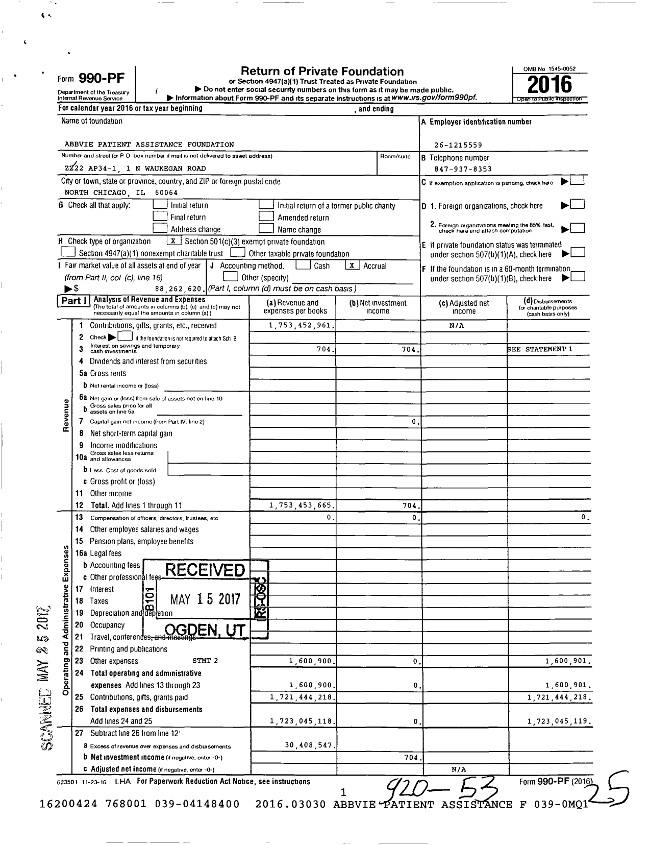 Image of first page of 2016 Form 990PF for AbbVie Patient Assistance Foundation
