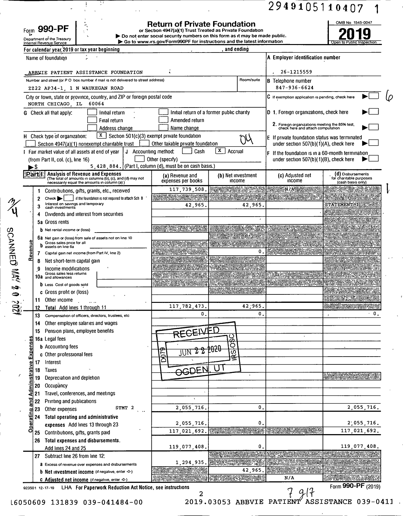 Image of first page of 2019 Form 990PF for AbbVie Patient Assistance Foundation