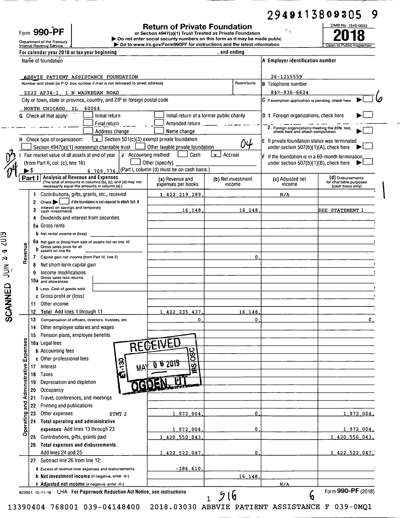 Image of first page of 2018 Form 990PF for AbbVie Patient Assistance Foundation