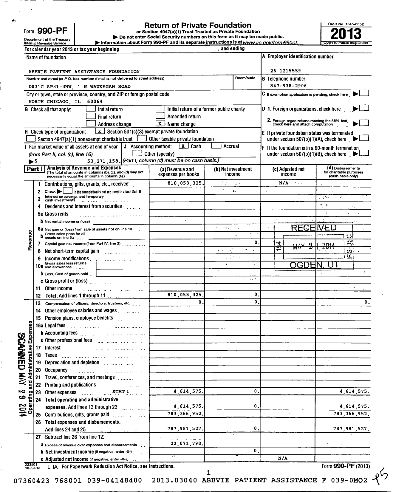 Image of first page of 2013 Form 990PF for AbbVie Patient Assistance Foundation