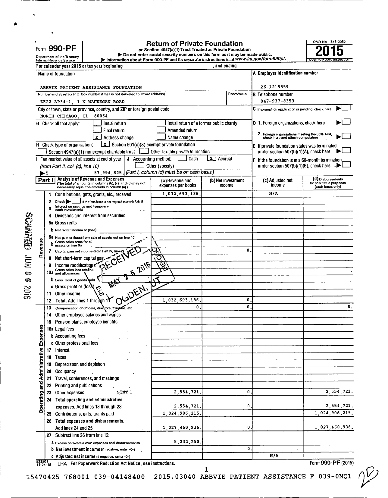 Image of first page of 2015 Form 990PF for AbbVie Patient Assistance Foundation