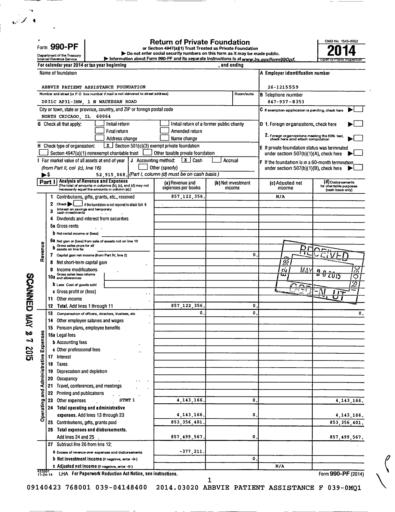 Image of first page of 2014 Form 990PF for AbbVie Patient Assistance Foundation