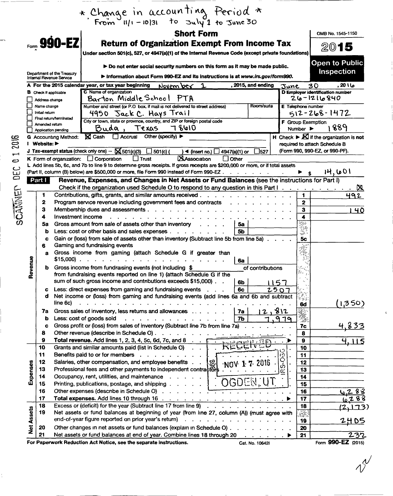 Image of first page of 2015 Form 990EZ for Texas PTA - 11849 Barton Middle School PTA