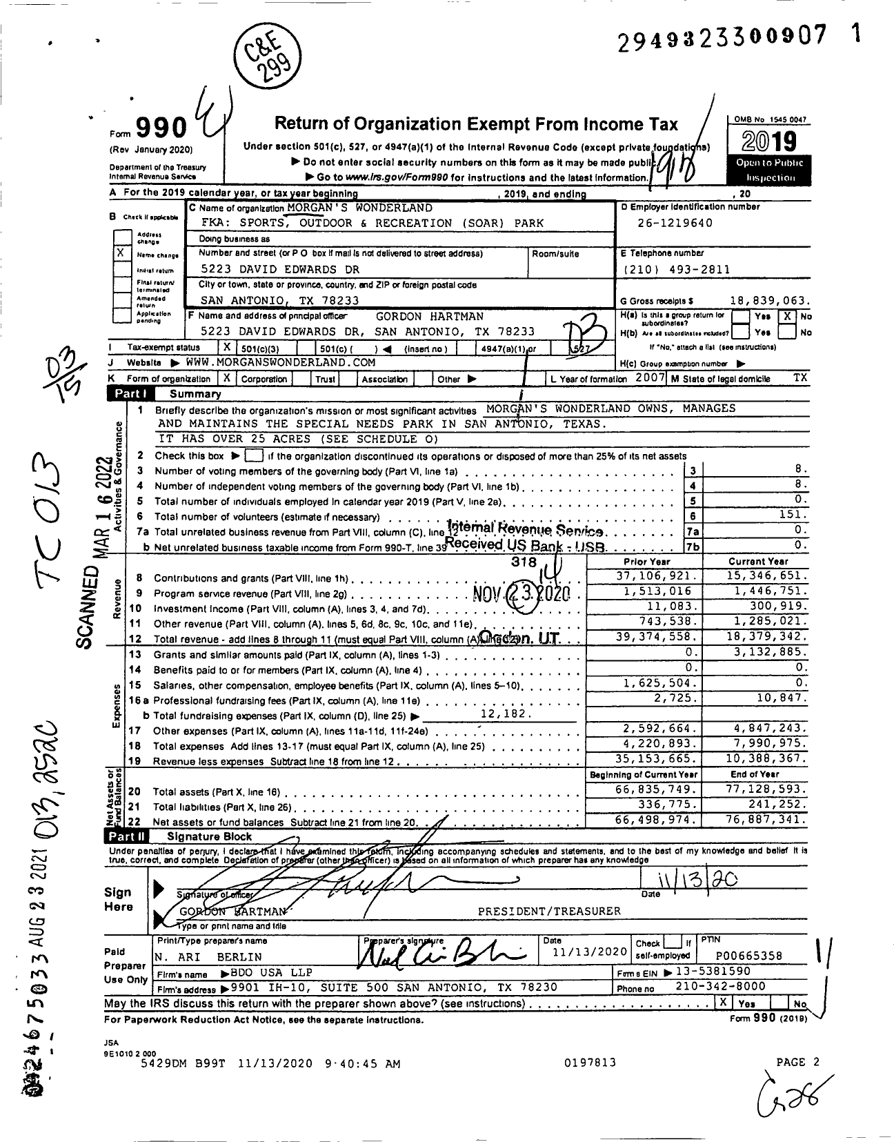 Image of first page of 2019 Form 990 for Morgan's Wonderland (SOAR)